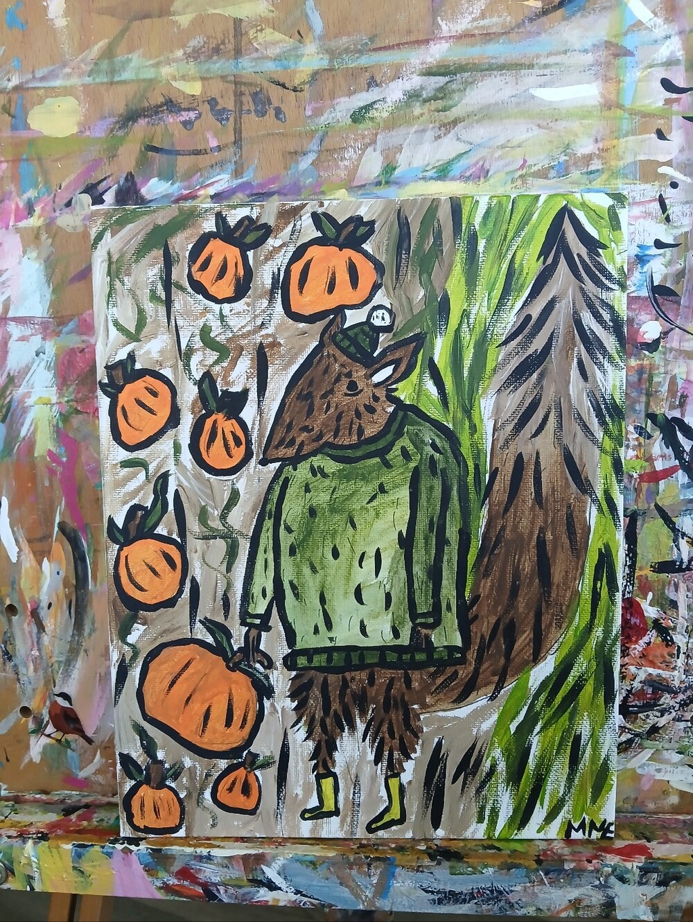 Squirrel In The Pumpkin Patch Painting